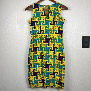 Handmade Womens Yellow Gold Zipper Abstract Funky Maximalist V-Neck Dress S